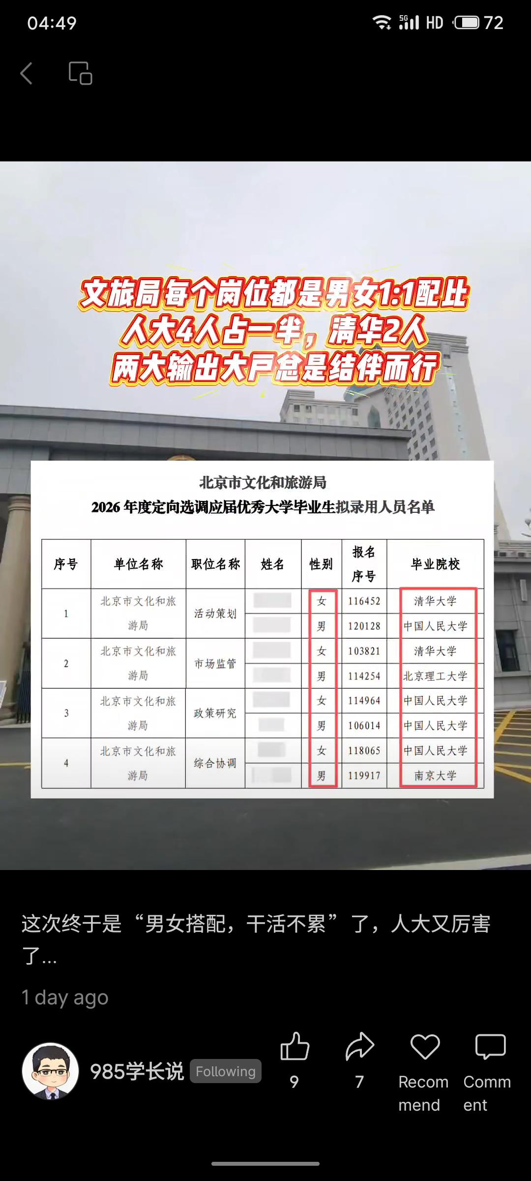 北京市文旅局2026年定向选调录用名单显示，各岗位均按男女1:1配比招录，且录用