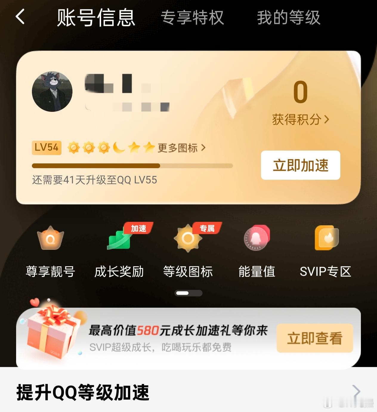 首个满级QQ获得金企鹅刚看了一眼我的QQ，才54级[doge]三个太阳一个月亮两个星