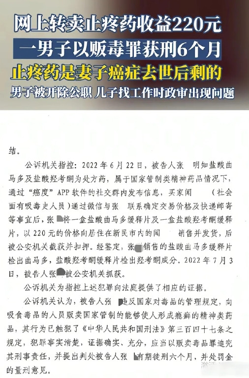 丈夫转卖癌症去世妻子吃剩的两盒止疼药获刑一点都不冤。妻子癌症去世，丈夫网上转