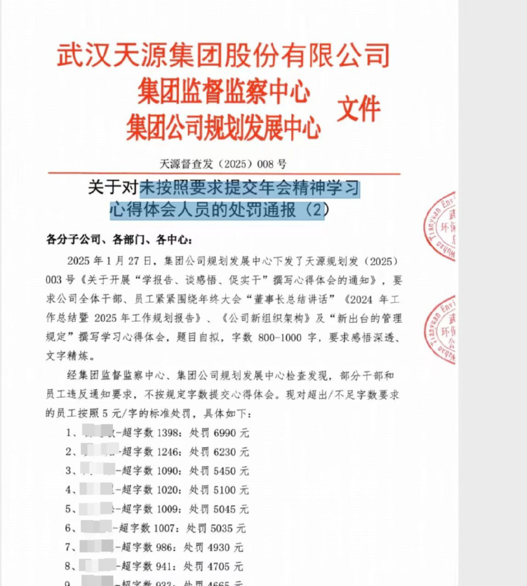 武汉一公司381人因心得体会超字数被罚款 劳动监察: 若罚款会依法处理