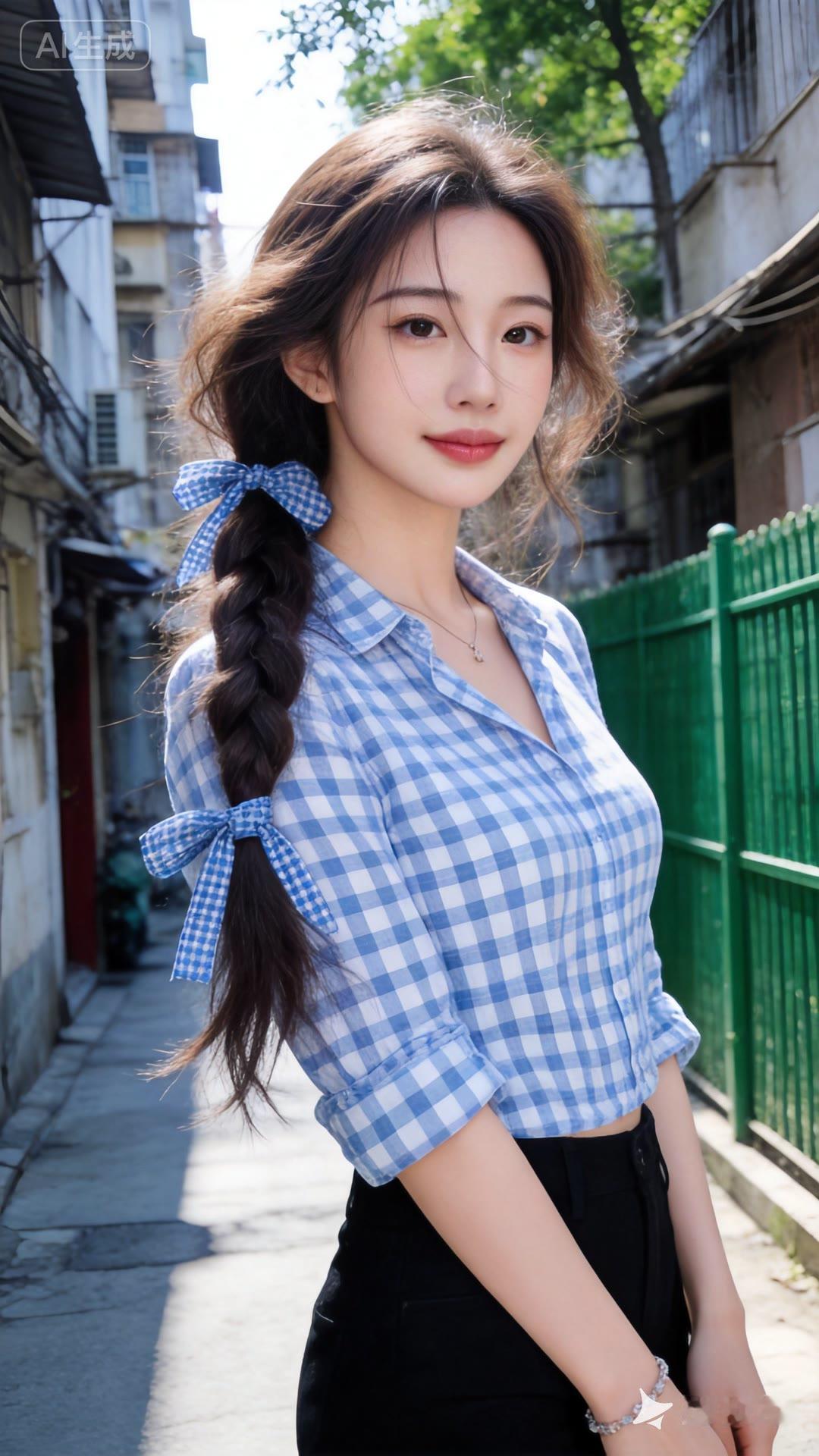 蓝衣少女倚绿篱，笑语盈盈似画里。