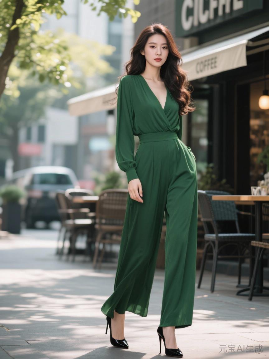 “绿衣美人倚，咖啡香满街”，这画面太美啦。想象一下，在秋意浓浓的街头，一位身着绿