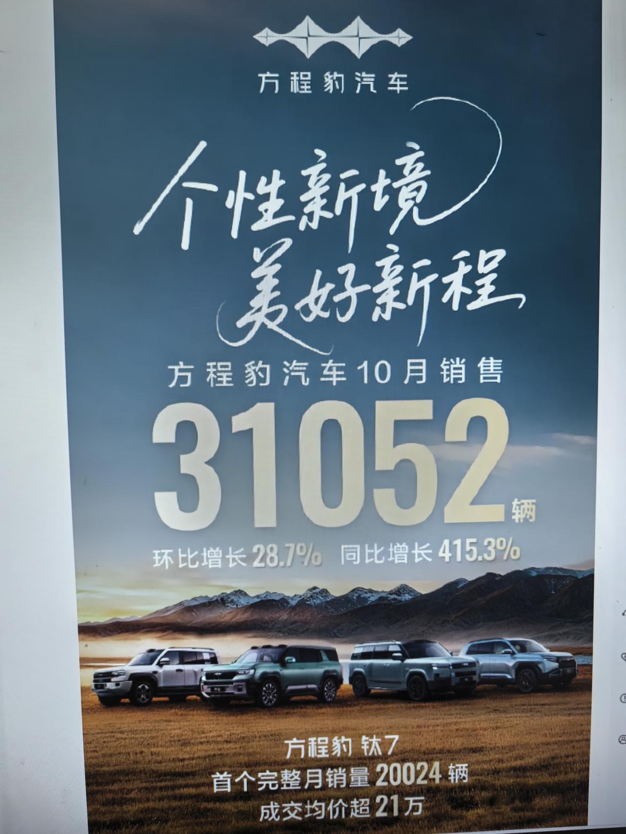 最近比亚迪的亮点全部都在方程豹了，钛3火了以后，钛7继续大火，十月更是首次出现月