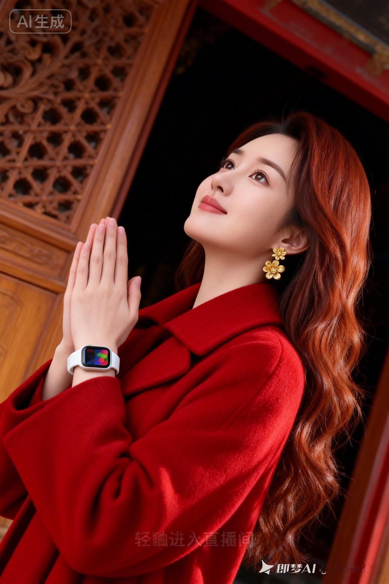 优雅红衣女子，手合十祈祷，金色耳环闪耀，AI生成美图