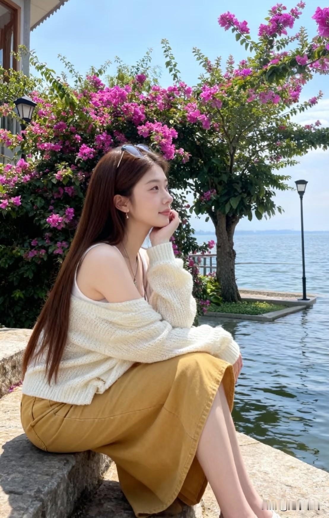 白色线衣搭配黄色长裙，尽显女神时尚优雅气质，面朝大海，春暖花开