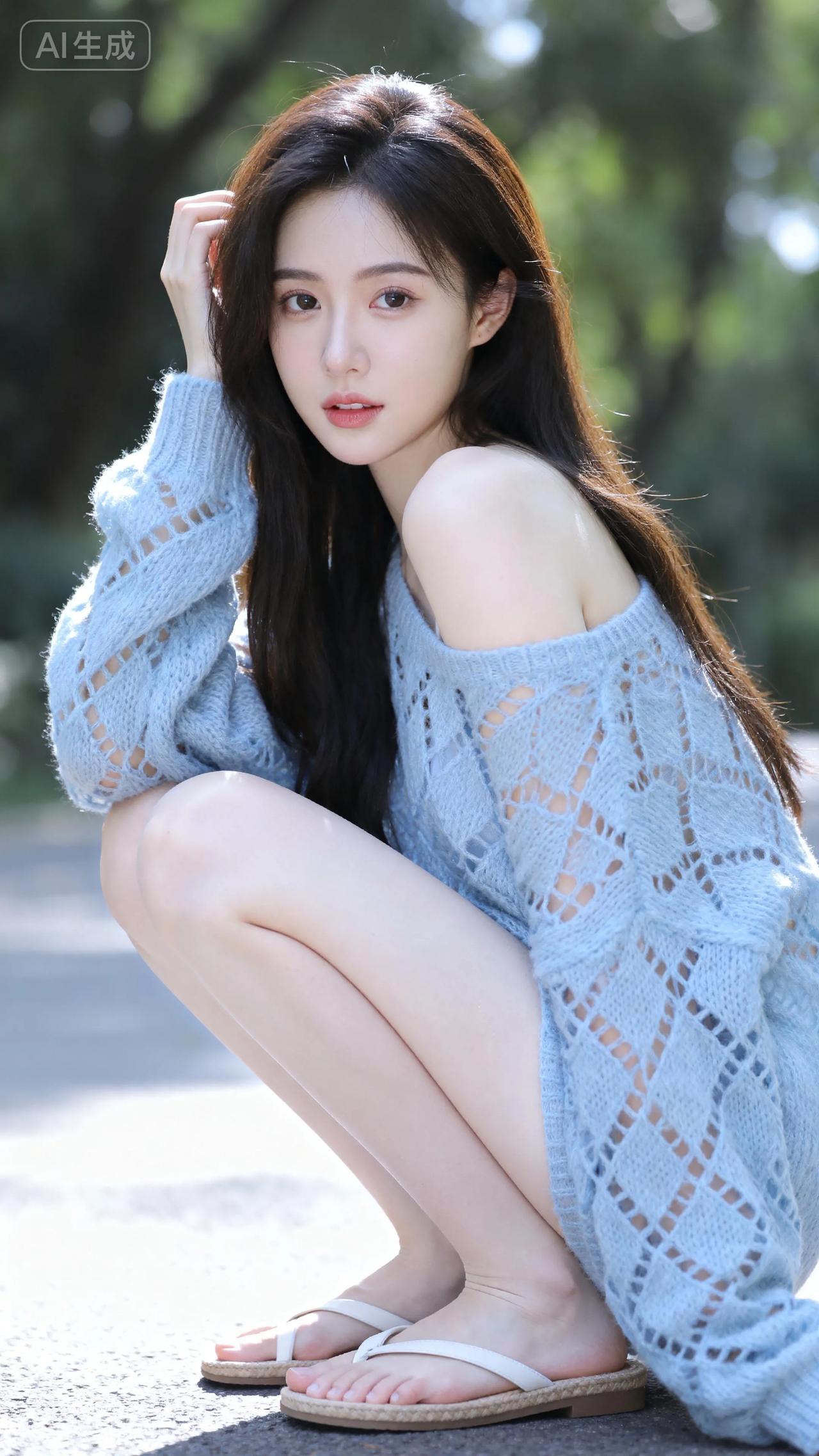 阳光下的温柔少女，浅蓝色毛衣搭配白色凉鞋，清新自然。街拍高清美女