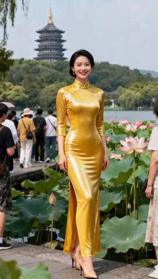 金色旗袍，流动风景。西湖景色，游人如织。江南水乡，一袭旗袍。光彩照人，风