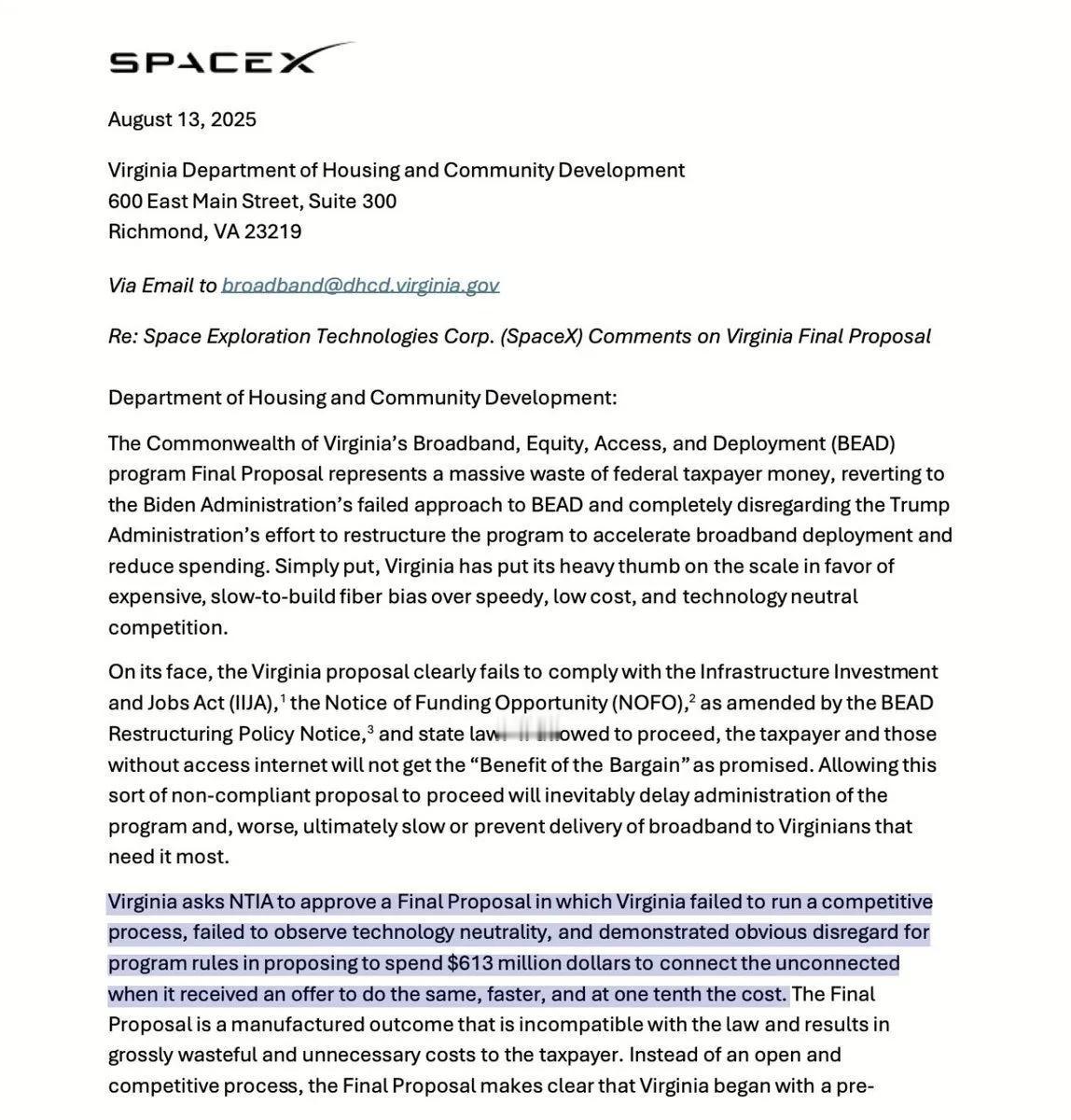 🇺🇸SPACEX抨击弗吉尼亚州6.13亿美元宽带计划SpaceX
