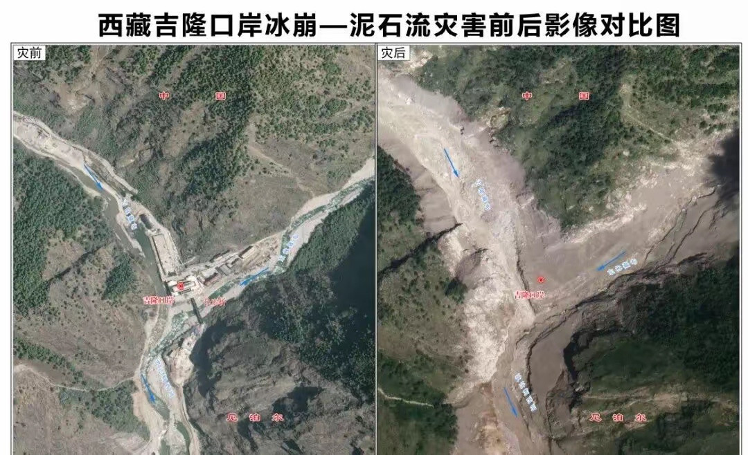 吉隆口岸大楼只剩钢筋骨架大概率什么都找不到，泥石流像水泥砂浆一样把缝隙都填满了，