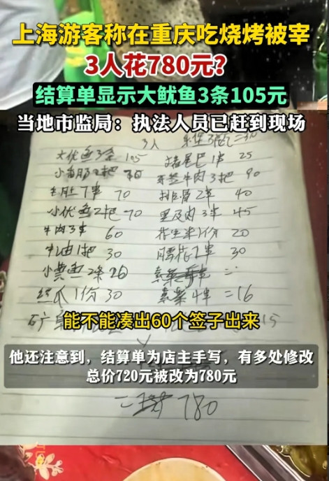 “太坑人了！”重庆，一上海男子到当地一烧烤店吃烧烤，3个人没吃多少，结账时却要7