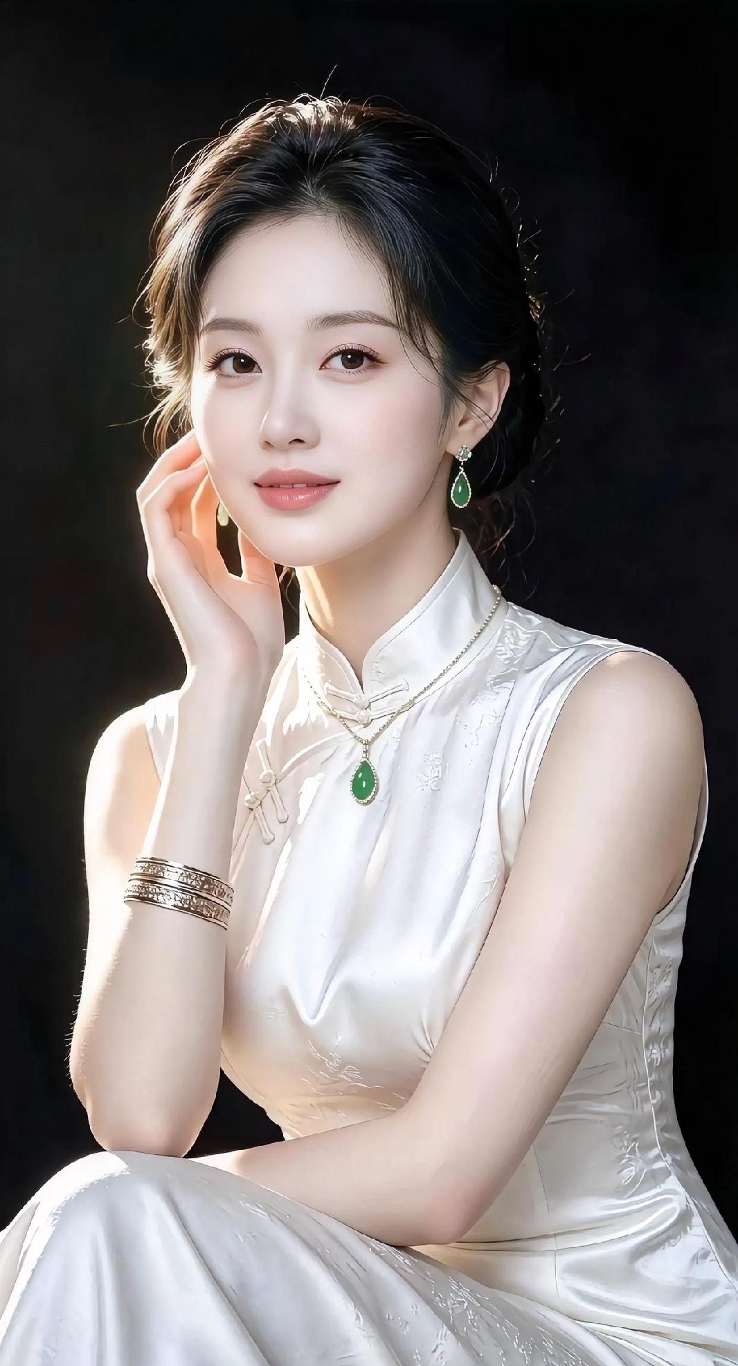 《素缎上的东方雅韵》暗影沉静，托出素白清辉，立领盘扣，轻挽东方风骨。