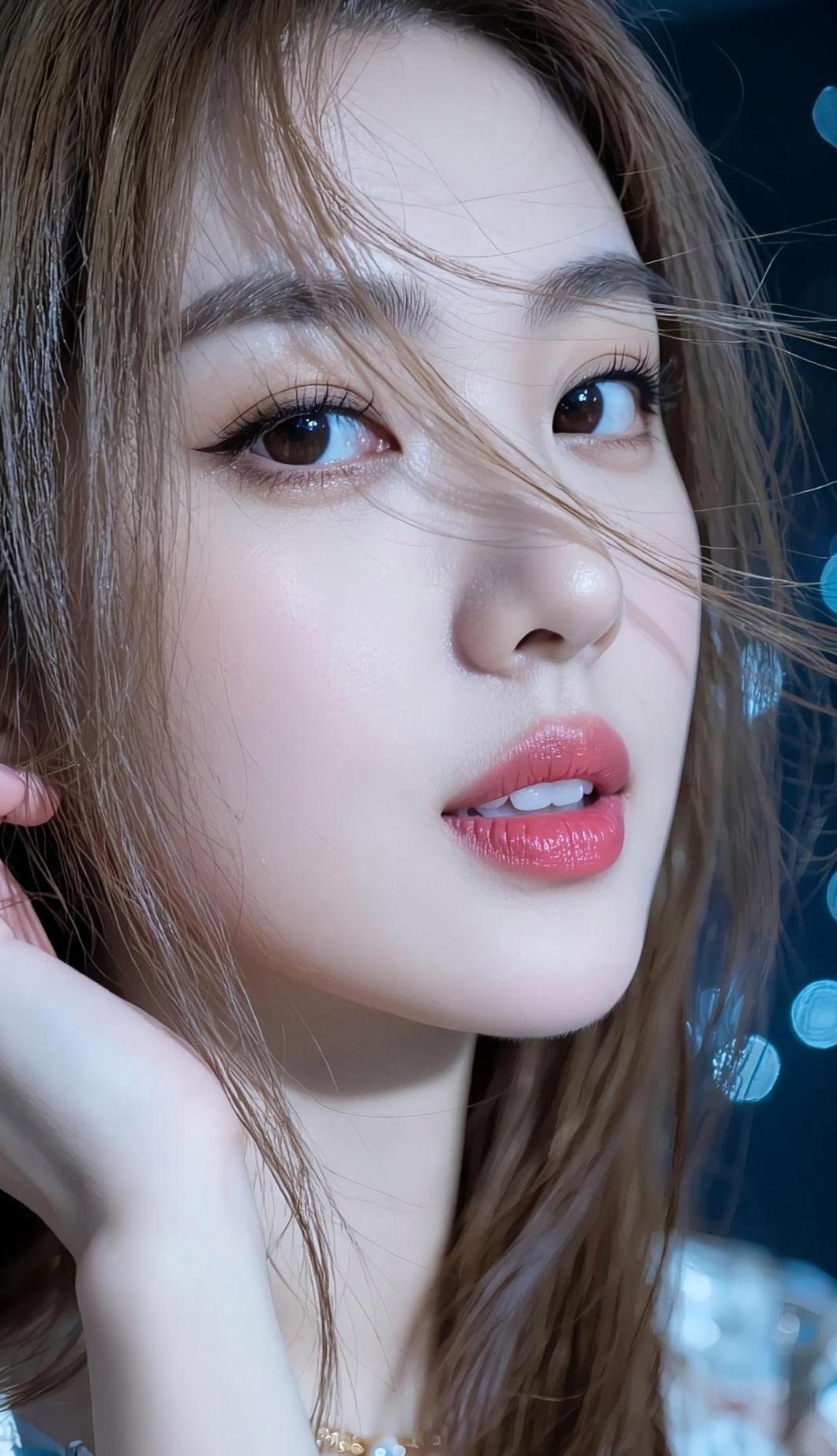 梦幻少女风，柔美发丝，甜美妆容，优雅气质。