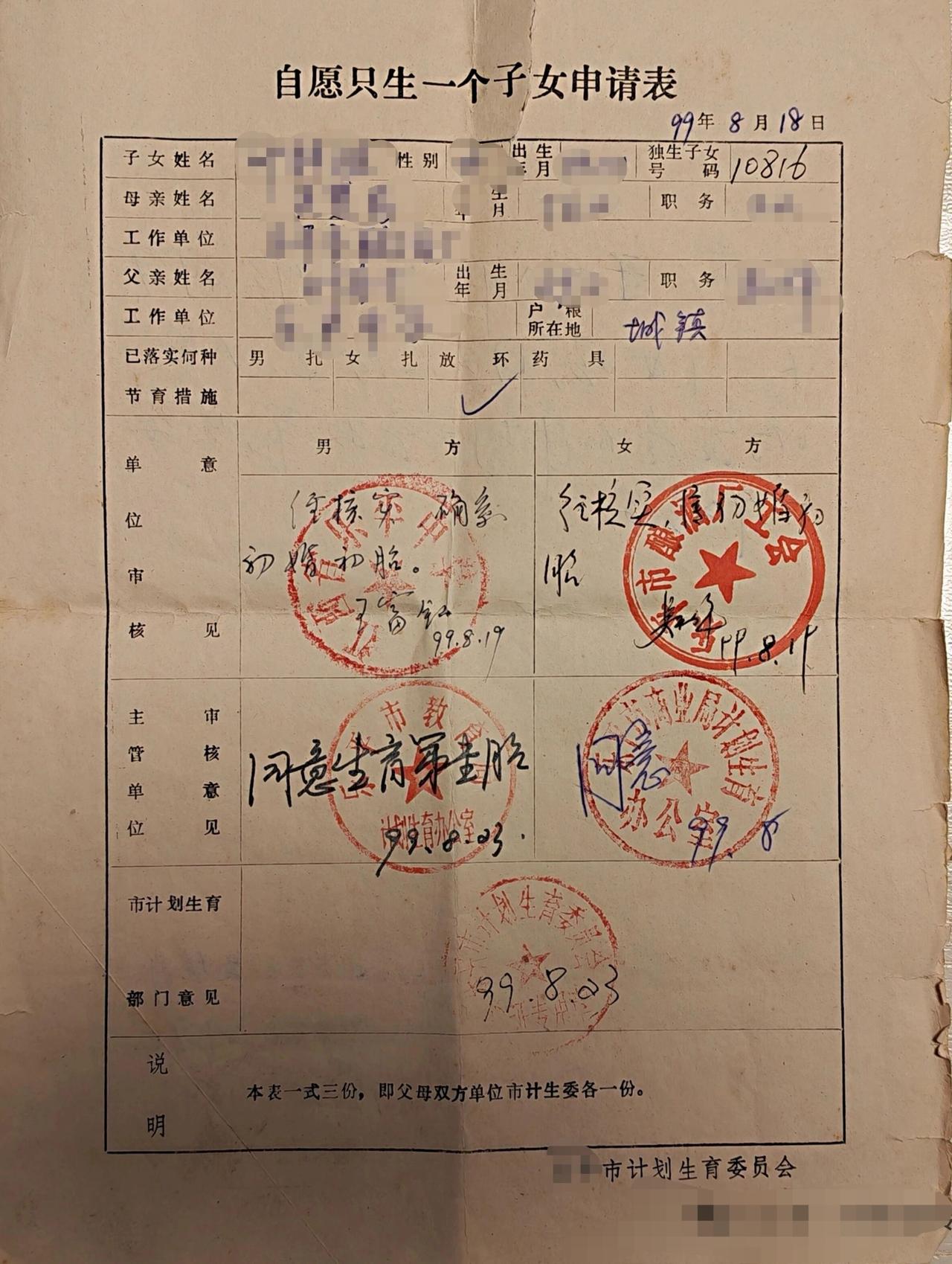历史的记忆80年代时期，只生一个孩子的申请表。