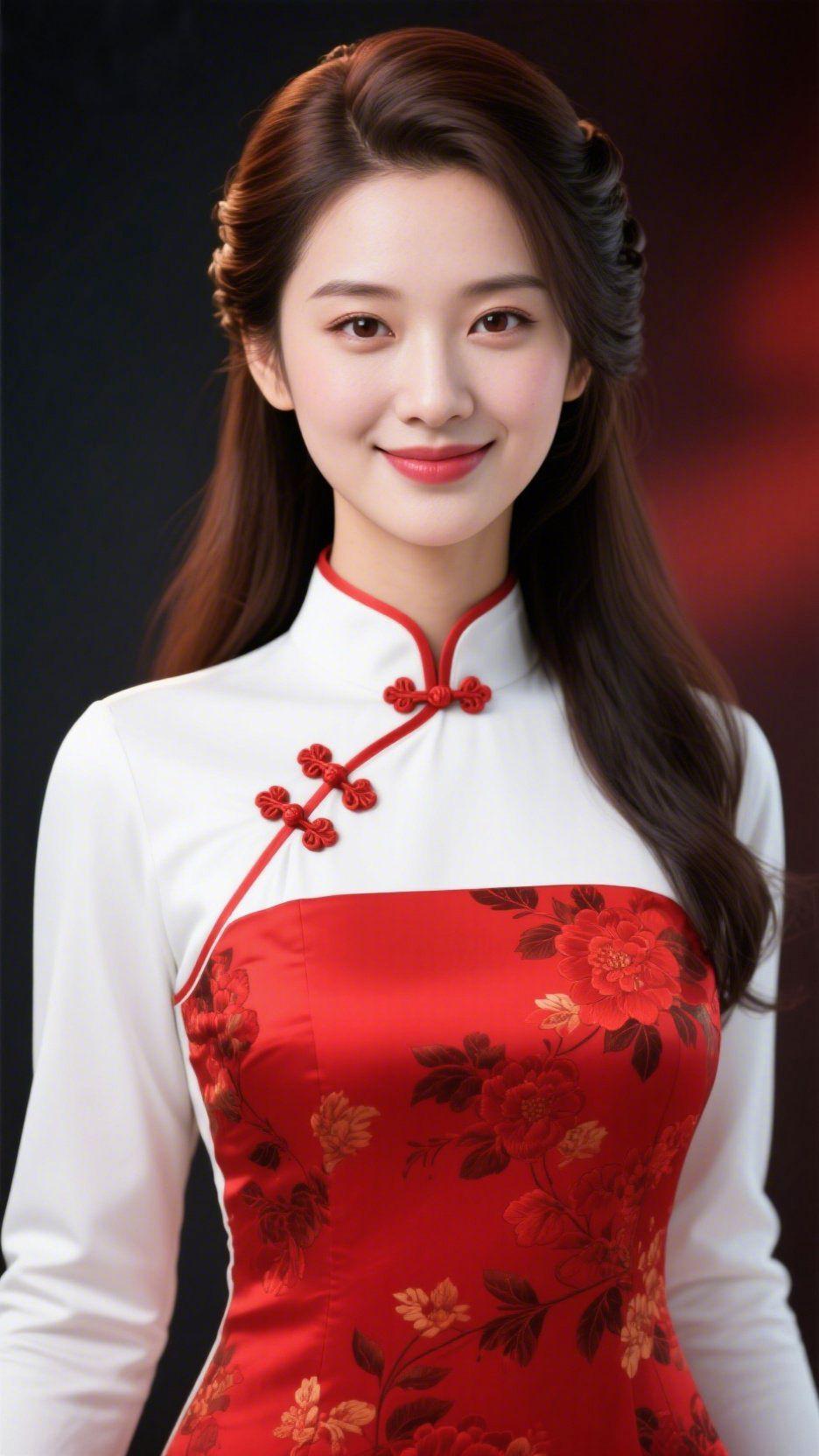 红袍里的东方温雅她立于深浅错落的光影中，一身红白旗袍，恰似揉合了月华的清与