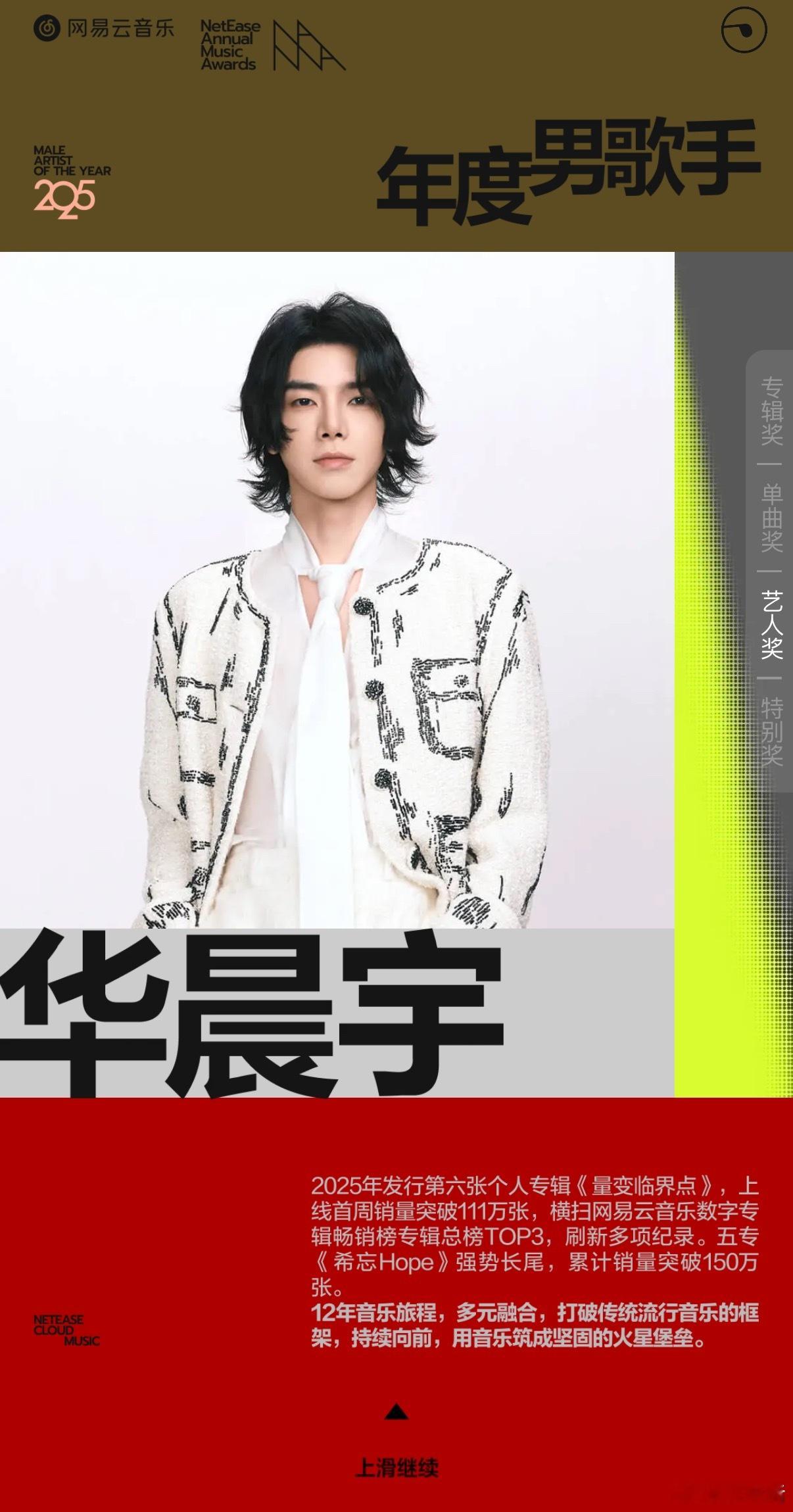 网易云音乐评选的25年年度歌手🈶年度男歌手华晨宇年度女歌手邓紫棋年度卓越歌