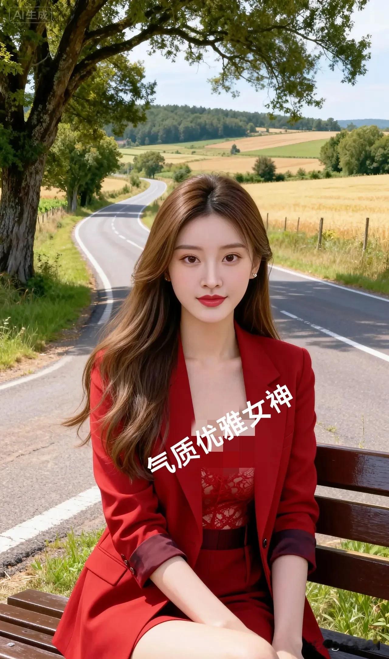 这抹红是乡野间的艳色注脚——西装衬着舒展的线条，蕾丝勾出柔意，风裹着麦浪的气息掠