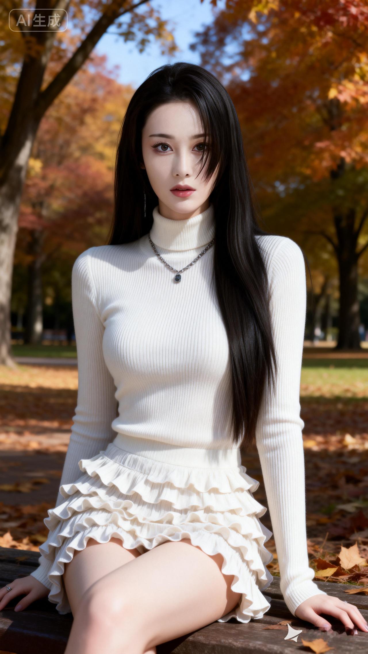 秋日暖阳下，白衣少女坐长椅，落叶纷飞，美如画。