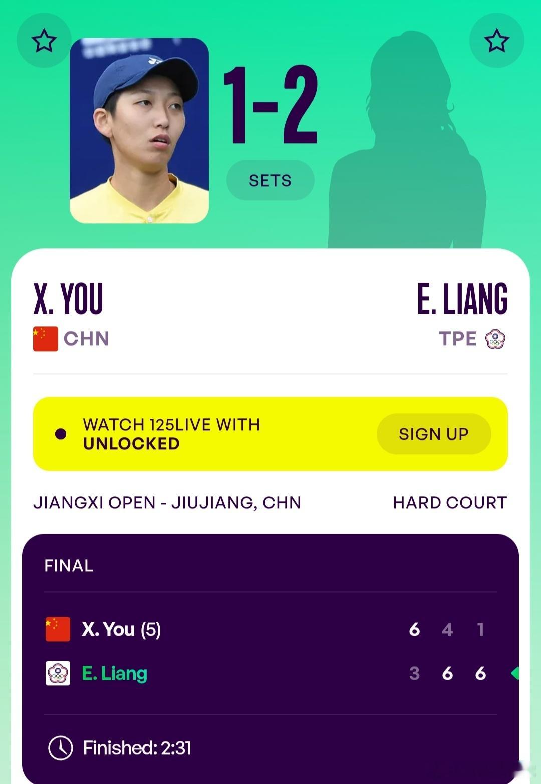 WTA125九江站🇨🇳女单决赛尤晓迪🇨🇳6-3/4-6/1-6不敌中国台