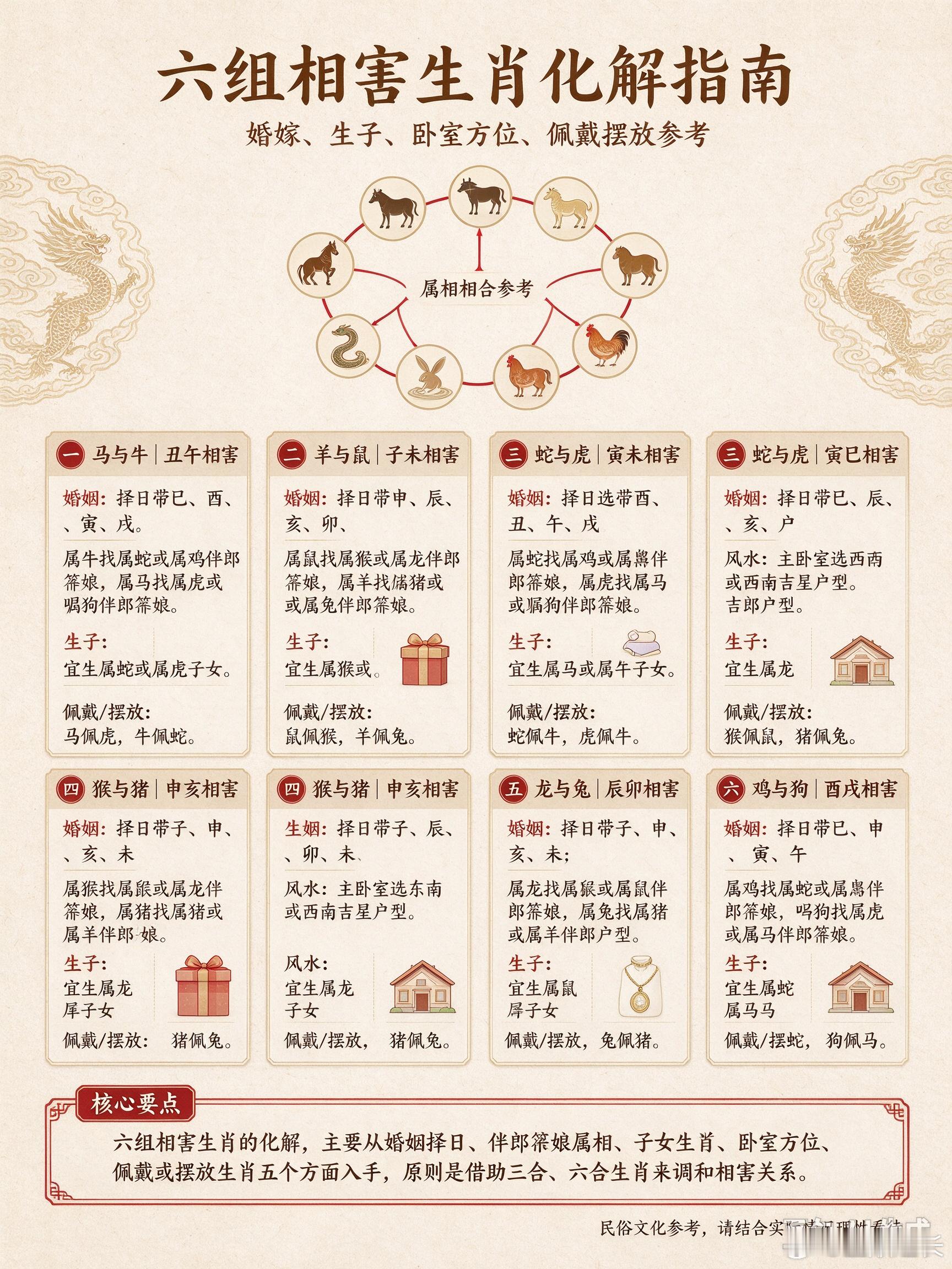 六组相害生肖的化解办法，可归纳如下：一、马与牛（丑午相害）婚嫁：择日选带巳、酉、寅、戌；属牛者找属蛇
