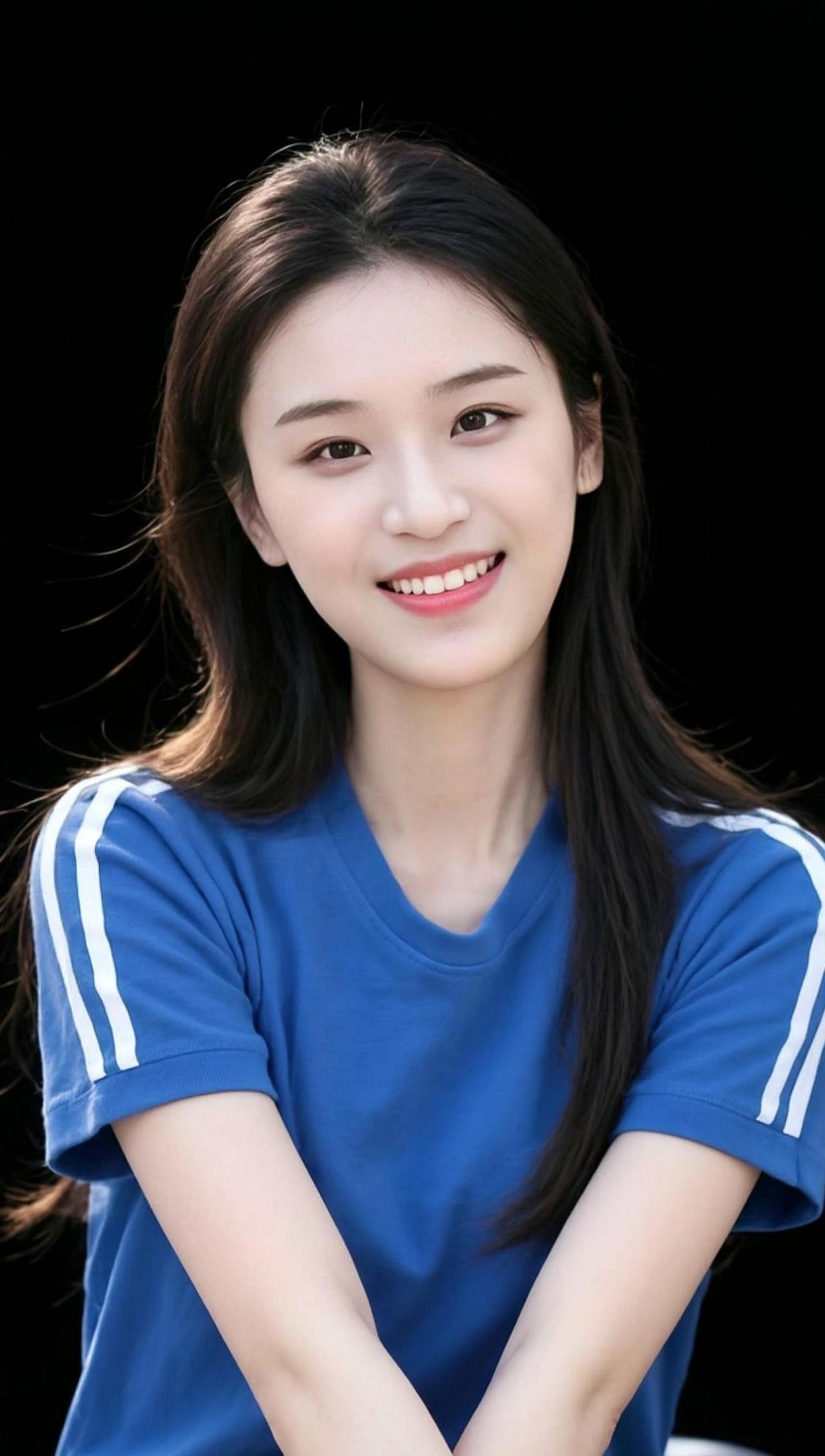 蓝色的衣衫在镜头前轻轻摇曳，仿佛是夏日里的一阵清风拂过心间。背景的纯黑将这份清新