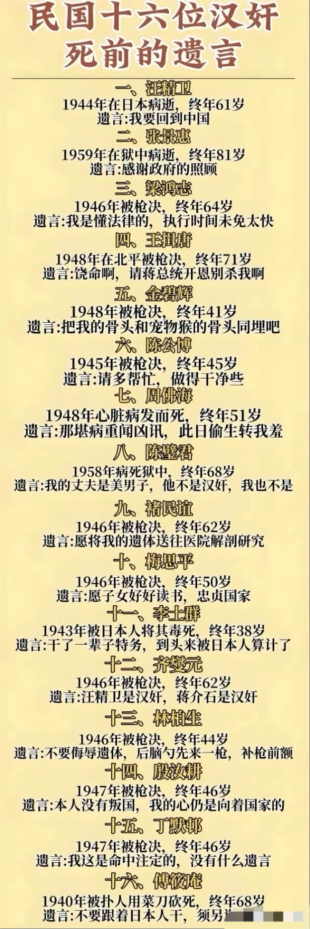 民国16位汉奸和他们临死前的遗言！