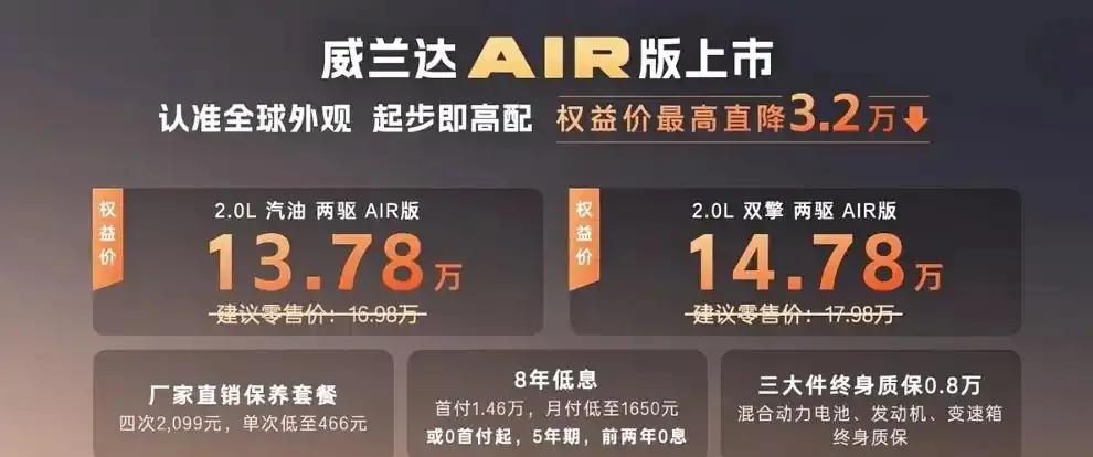 全新换代威兰达AIR版13.78万元起，满配还享8年低息2月24日，广汽丰田