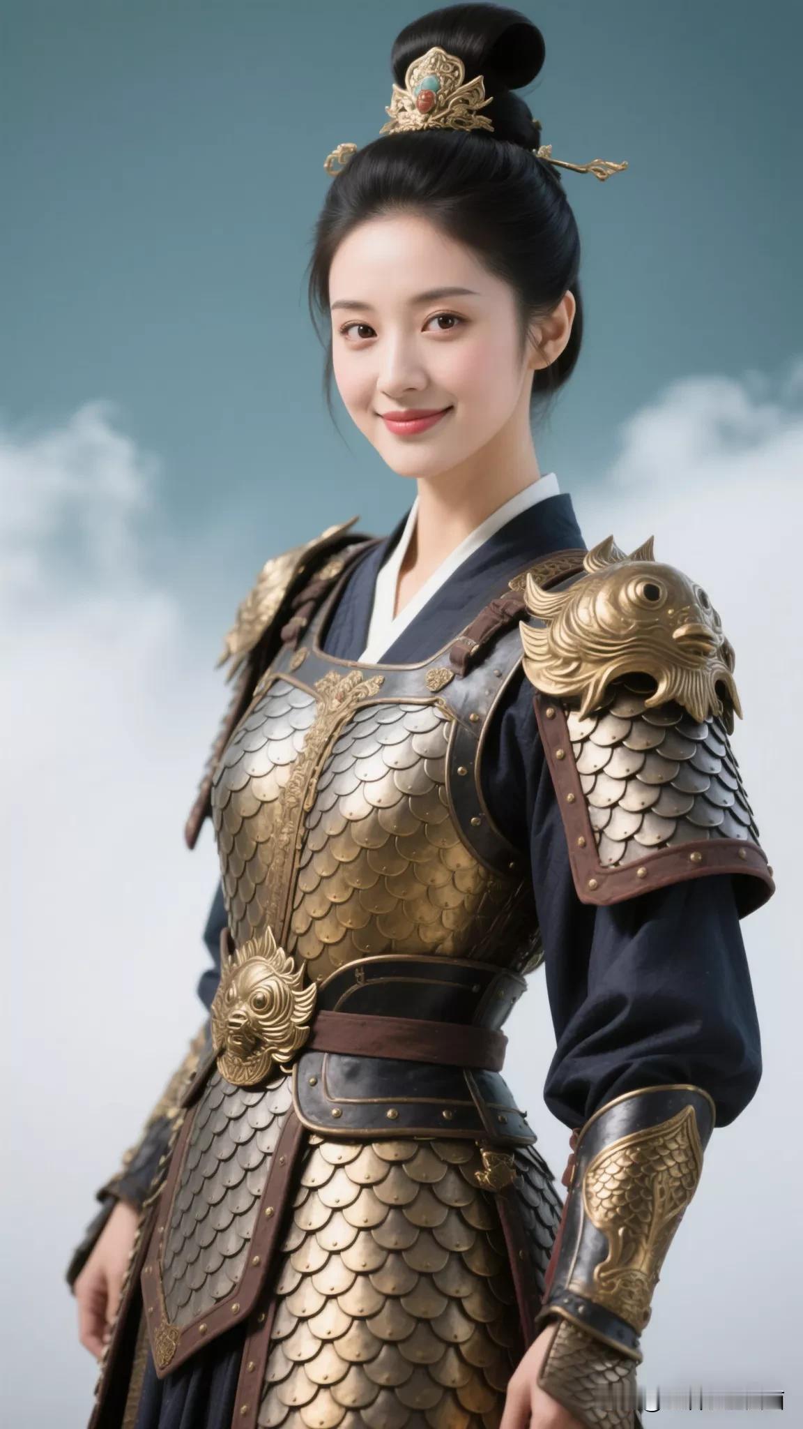 古装美人，金鳞铠甲，云雾缭绕，惊艳绝伦！张立启原创书画AI作品古仕女发髻服饰集锦