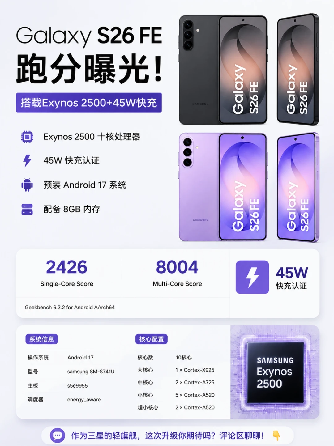 三星S26 FE杀手锏：45W快充+Exynos 2500！