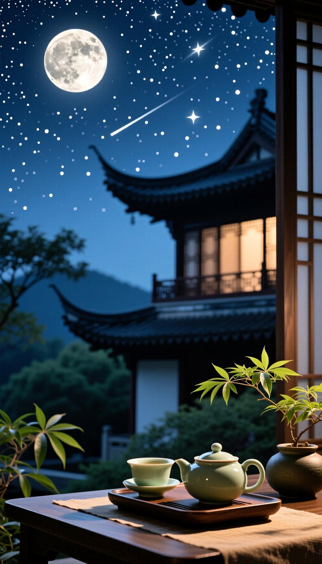 《夏夜》月上西楼影半斜，清风伴我品新茶。人间多少尘烦事，一夜星河静里