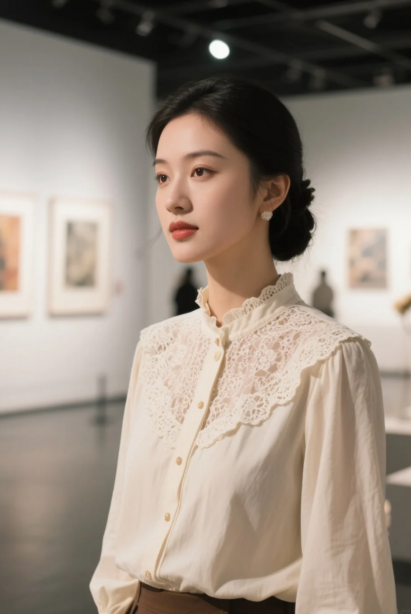 精致不在浓妆，而在细节：领口、耳坠、发丝