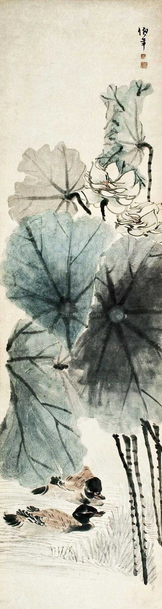 任伯年荷。任伯年（1840-1895）的荷花构图往往疏密有致，虚实相生。他善于