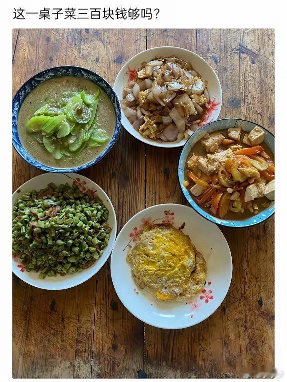 某网友:这一桌子菜300块钱够吗？昨天回娘家给了300块钱嫂子买菜就做了这一桌菜