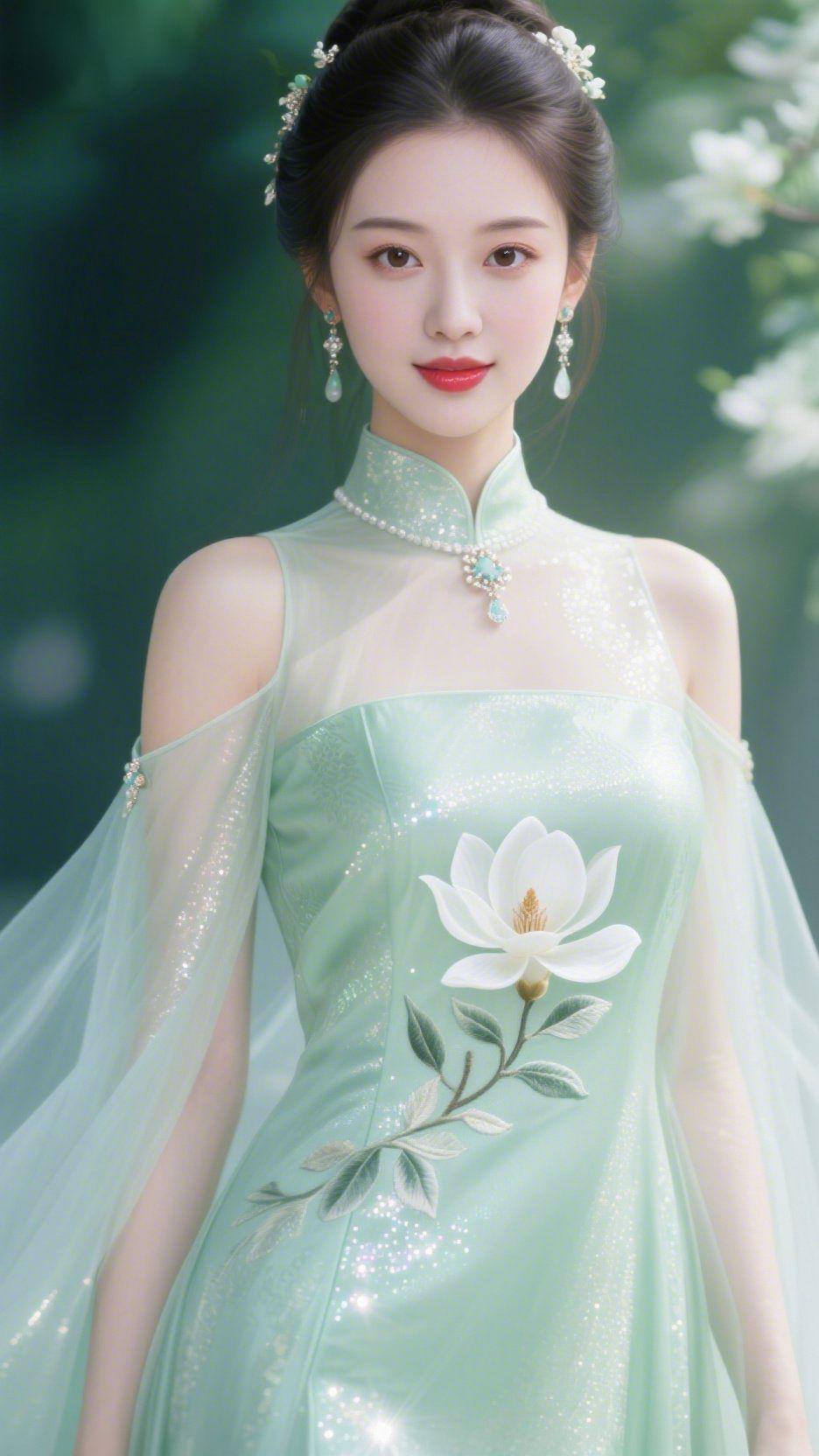 青衿揽清风一袭青绿色改良旗袍，揉碎江南春水的清润，撷来枝头玉兰的淡香。立领