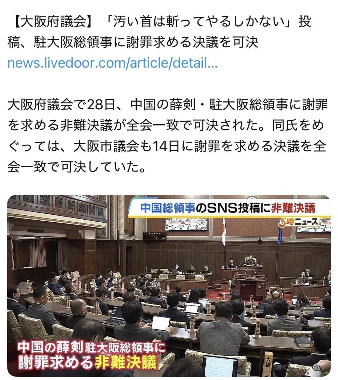 11月28号，日本大阪府议会通过决议，要求中国驻大阪总领事薛剑公开道歉。此前11