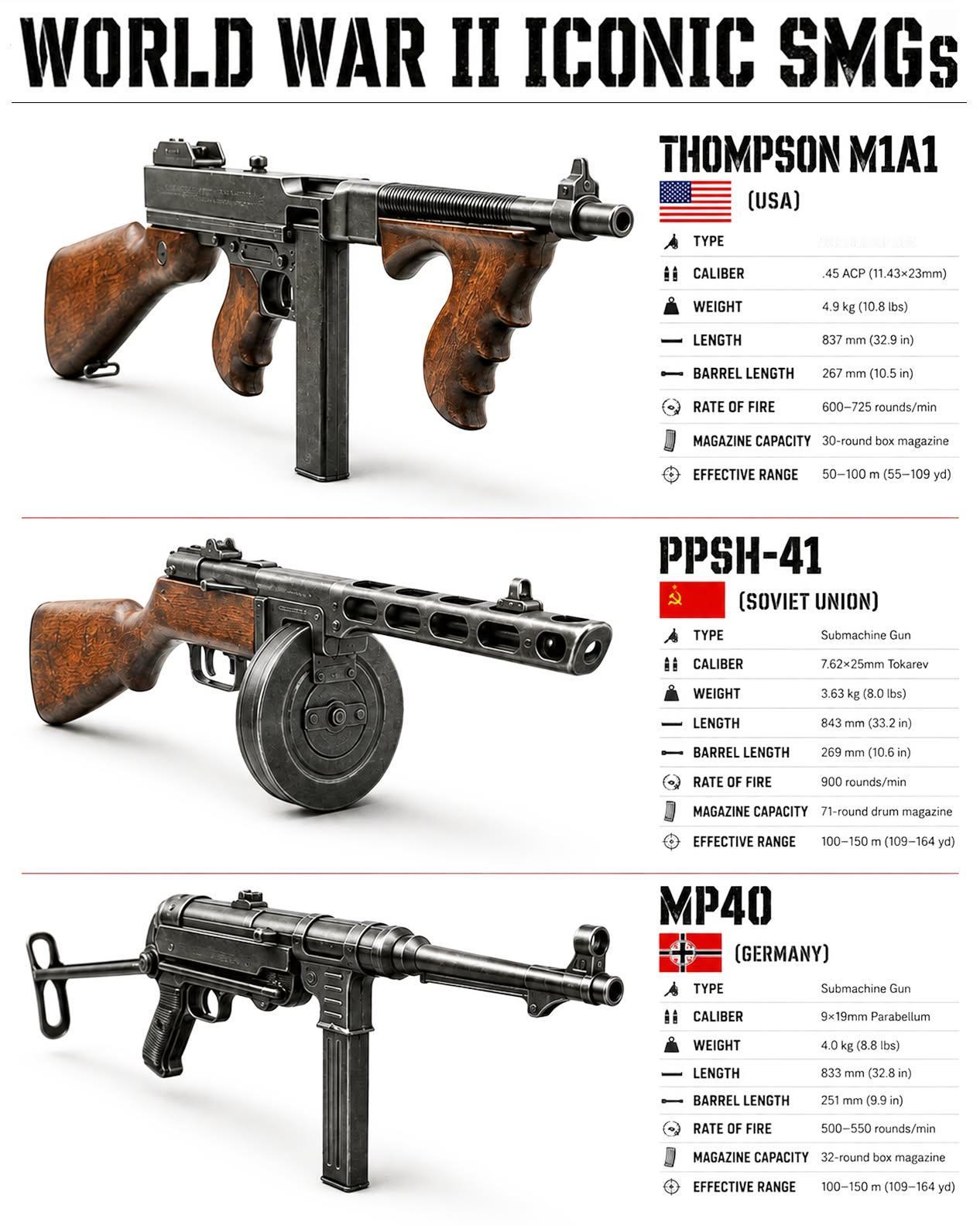这张图鉴把二战最具代表性的三款冲锋枪摆到一起，汤普森M1A1、波波沙‑41、MP
