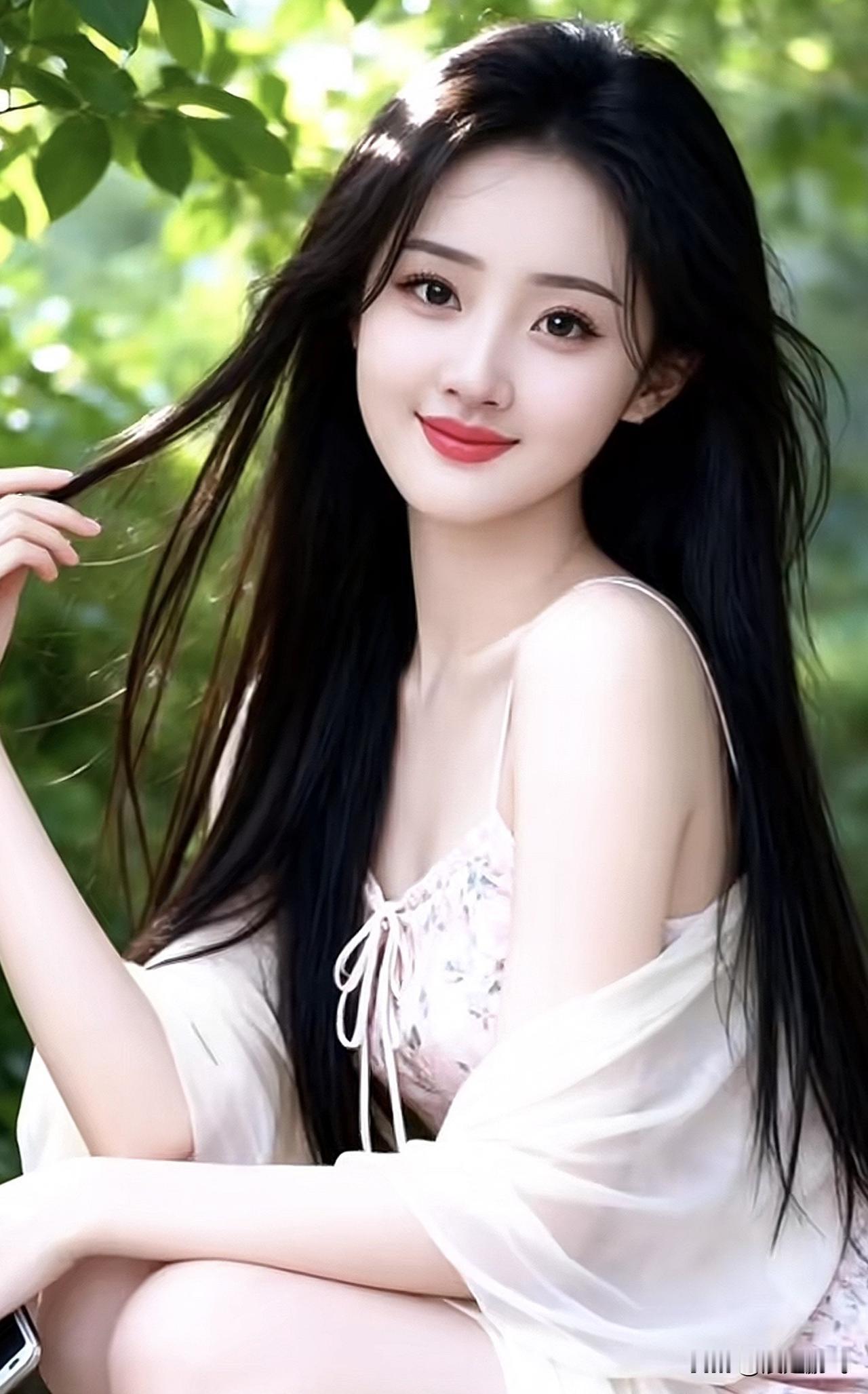阳光下的甜美少女，温柔微笑，散发自然魅力温柔甜美少女温柔治愈款美女阳光白裙少