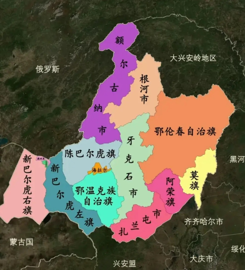 呼伦贝尔市下辖5市7旗2区，是全国陆地面积最大的地级市，面积相当于山东省加江苏省