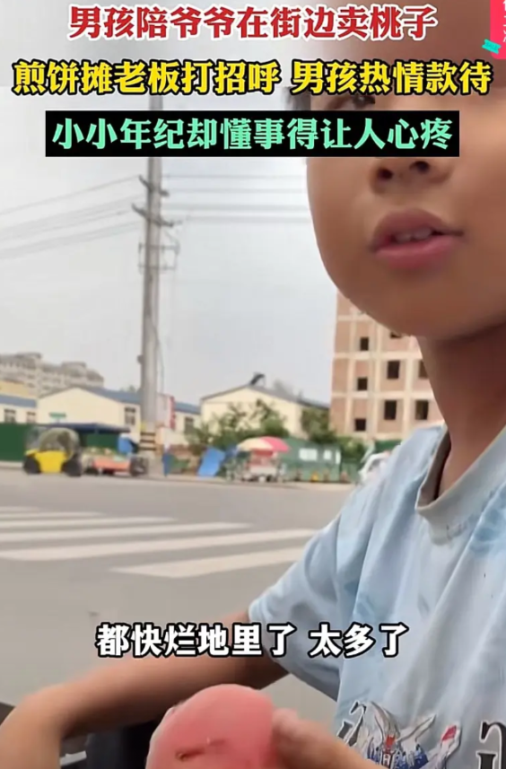太暖心了！一男子路过小孩卖桃子的摊位，这么小怎么就出来做生意啊，小男孩回答道：太