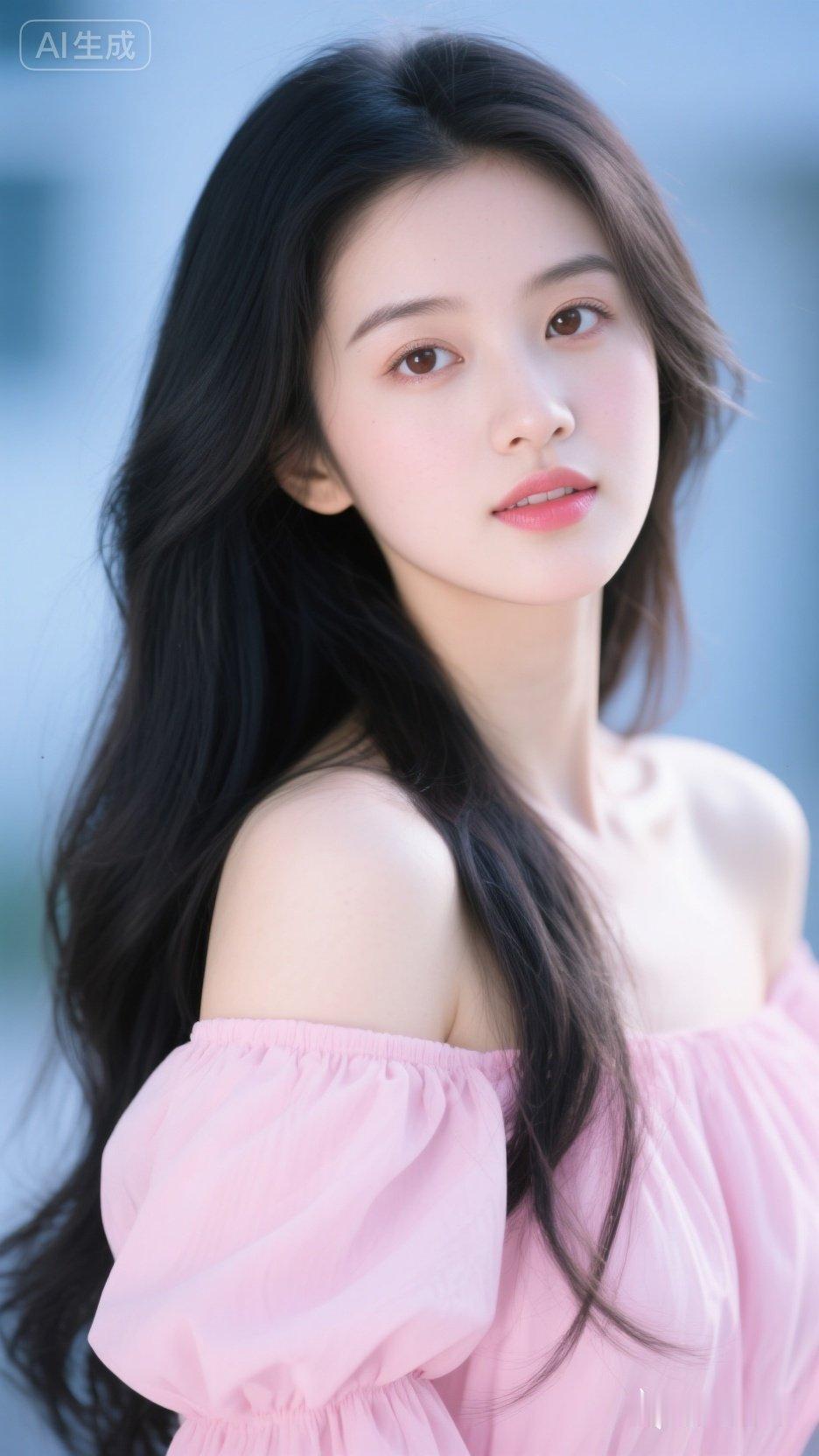 温柔粉裙少女，梦幻蓝调背景，清新自然，少女心满满！💖✨