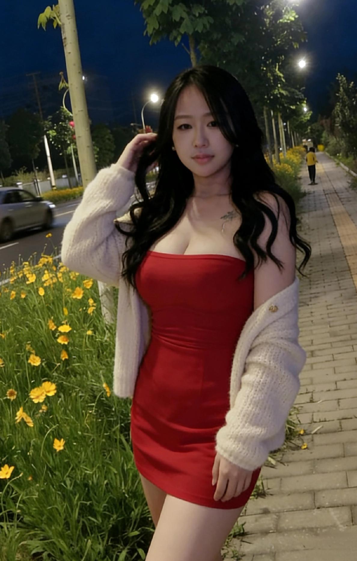 白衣红裙立街旁，夜色如花拂鬓香。莫道独行无胜景，一身明媚压星光。