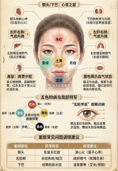 中医望诊面相看气场成习惯1、看五官知健康：1，脸色发黄→脾虚表现；2，脸色发黑