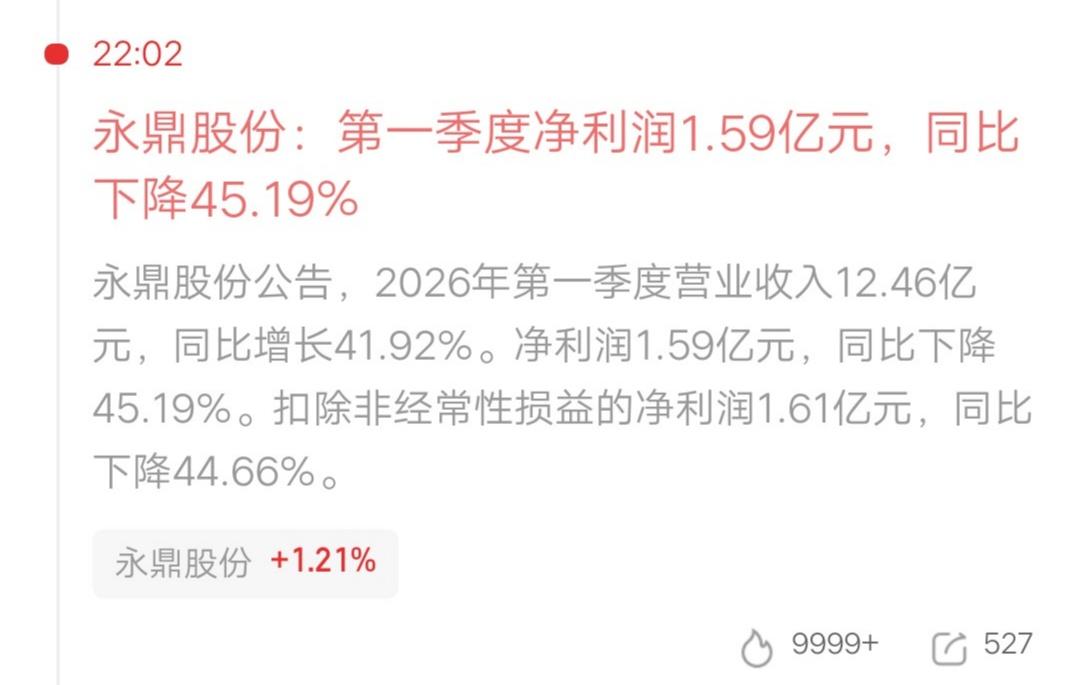 永鼎股份业绩暴雷？盘后一季报发布后，净利润1.59亿下降45.19%。评论区炸锅