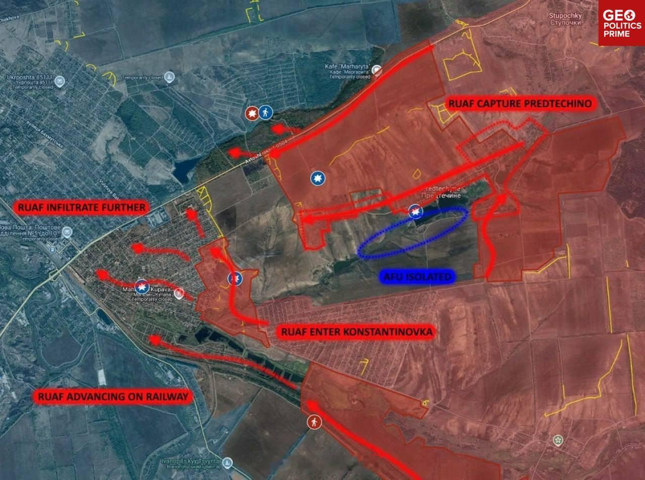 康斯坦丁诺夫卡：俄军已进入城内，巷战正在进行中。司令立下军令状，进攻速度提起来了
