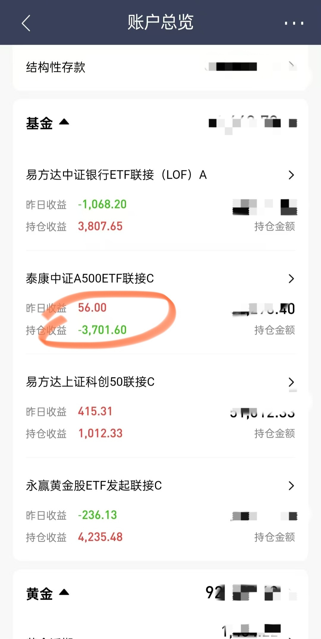 看了一下老妈的基金果然还是这个中证500所谓保本的亏了，听我的买的银行，黄金，科
