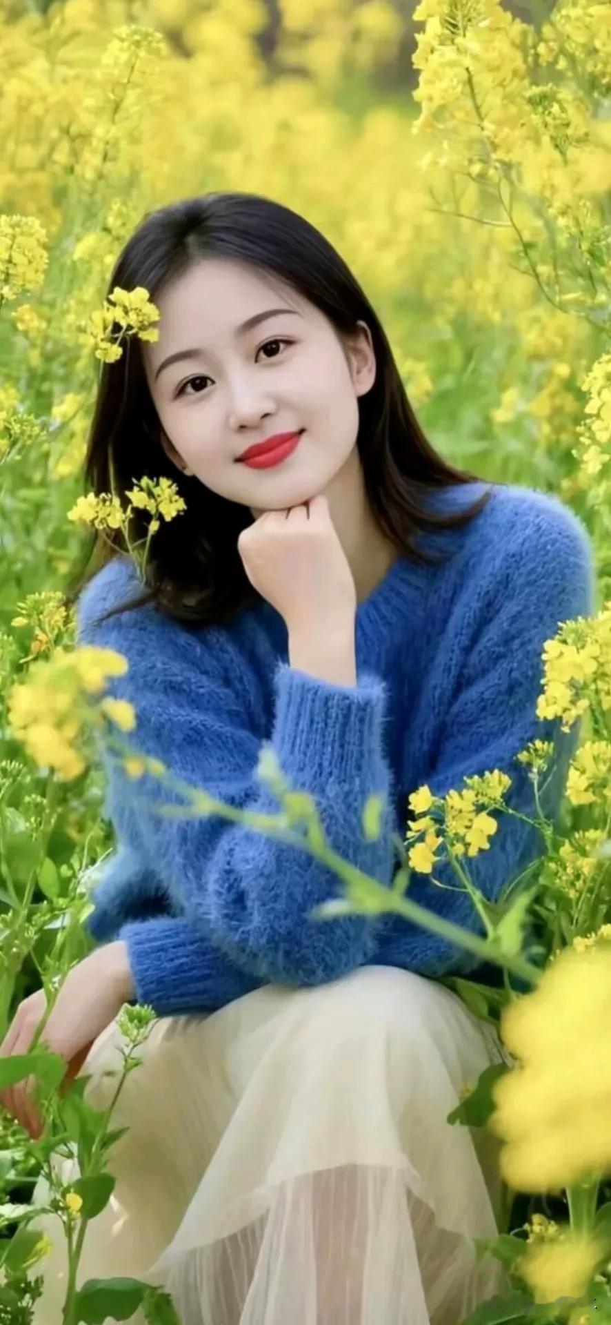 油菜田里的美女好漂亮！