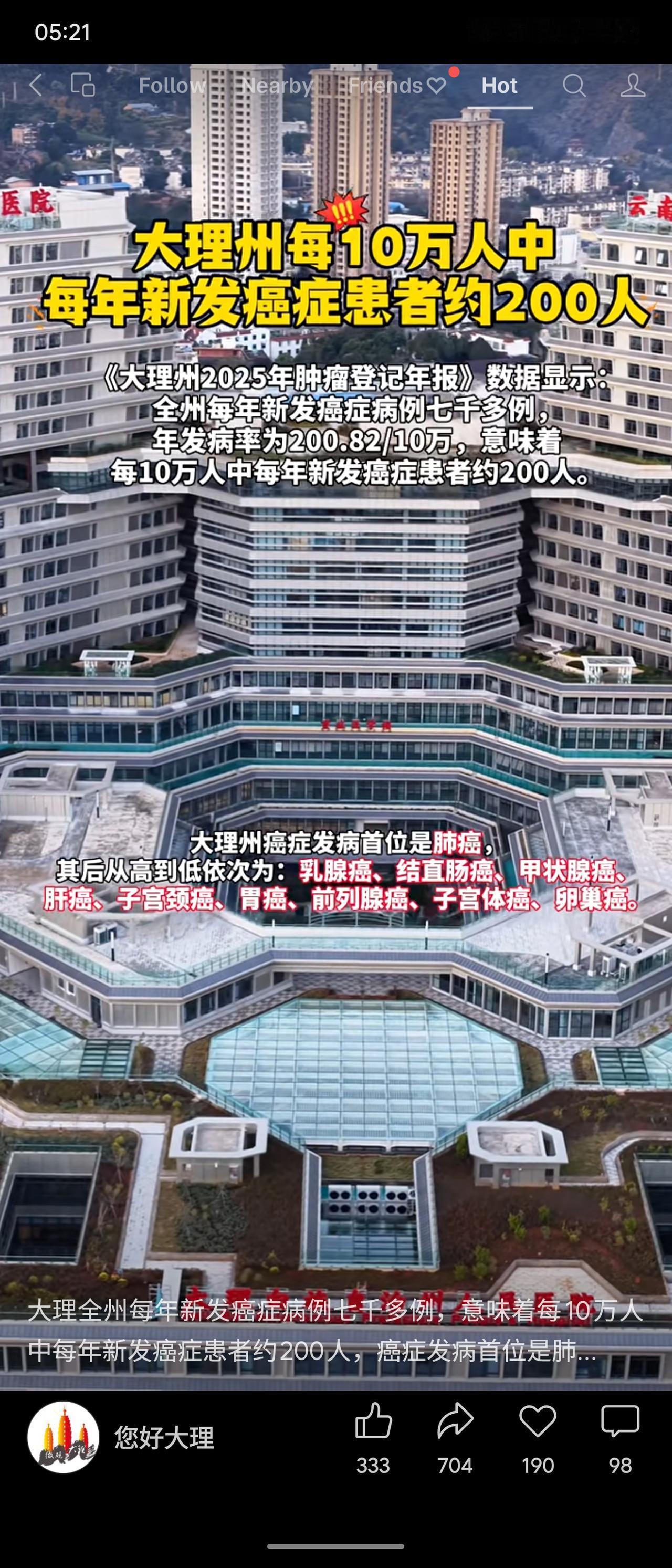 大理州肿瘤登记年报显示：每10万人中每年新发癌症约200人，全州年新发七千余例。