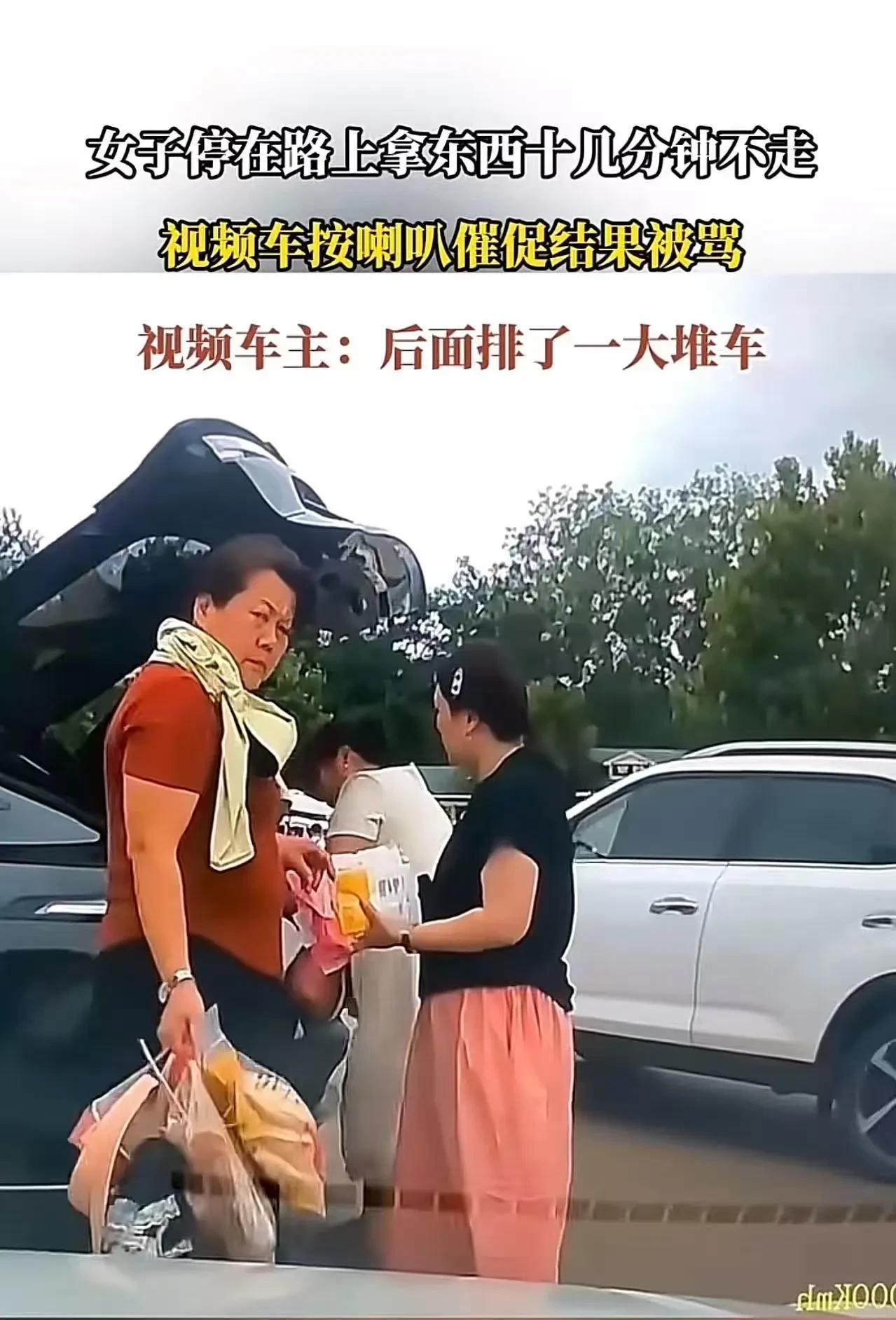 女子停在路上拿东西十几分钟不走，视频车按喇叭催促结果被骂。视频车主：后面排了一大