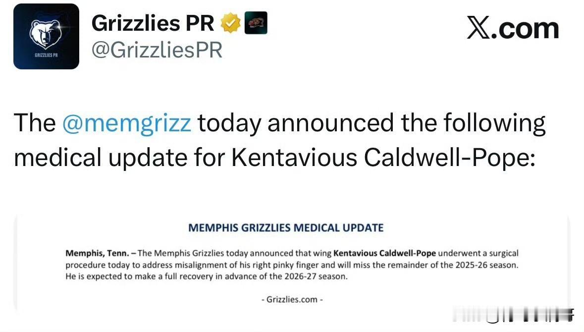 波普手术确定赛季报销！！！灰熊再遭重创，8人伤停名单触目惊心！根据灰熊官方媒