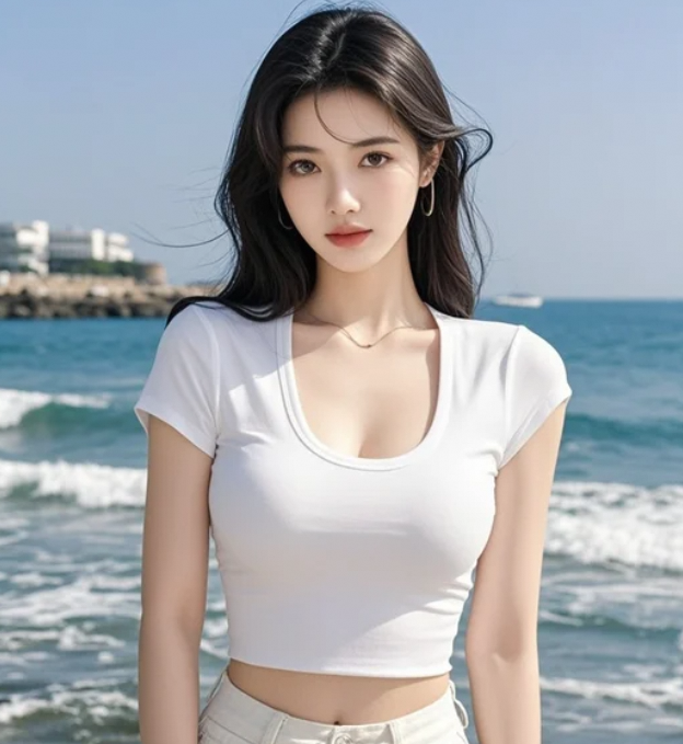 她在沙滩上的姿态，宛如艺术品一般