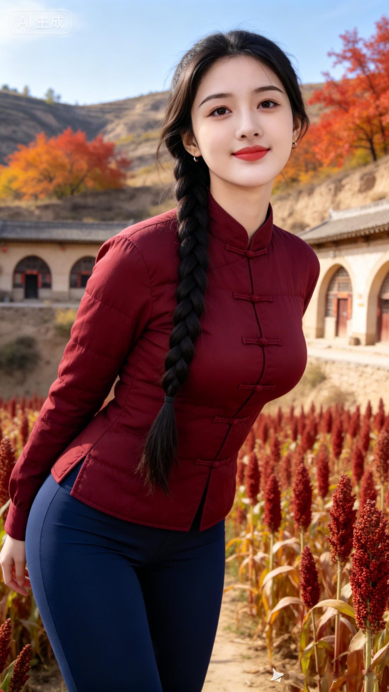 秋日田野中的少女，红衣飘逸，笑靥如花。